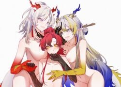 1boy 2girls arknights blonde_hair blue_hair breasts chinese_commentary cleavage closed_mouth collarbone colored_extremities commentary_request dragon_girl dragon_horns earrings embarrassed grey_background grey_hair groin hair_between_eyes hair_intakes hand_on_another's_chest highres holding_hands horns jewelry large_breasts long_hair medium_breasts mixed-language_commentary multicolored_hair multiple_girls navel nian_(arknights) nipples nude open_mouth pointy_ears purple_eyes red_hair shu_(arknights) si_pu_luo_lin_de_yin_you_shi_ren siblings simple_background sisters smile straight yellow_eyes yu_(arknights)