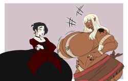 2girls black_hair dark-skinned esmeralda_(kirathepenguin) huge_breasts hyper_ass jiggling_breasts kirathepenguin muscular pale_skin small_breasts white_hair