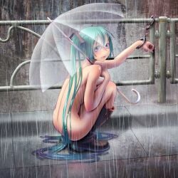 1boy1girl 2025 blue_hair boots_only butt_naked crouching crouching_female embarrassed_nude_female handcuffed_to_pole long_hair looking_at_viewer looking_back open_mouth raining umbrella