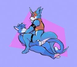 ass bandai_namco blep blue_body blue_fur blue_scales blush bottomless clothed clothing digimon digimon_(species) domestic_cat felid feline felis flamedramon fur hi_res male male/male mammal purple_eyes scales tongue tongue_out