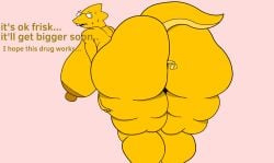 1boy 1girls alphys big_nipples bottom_heavy completely_nude dialogue edit english_text female_focus frisk glasses hand_on_thigh huge_ass huge_breasts larger_female looking_back nut-master shaded simple_background size_difference small_penis smaller_male sweat tail undertale