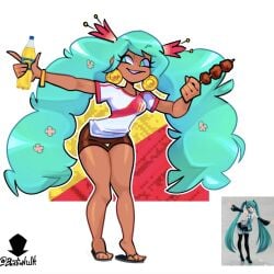 1girls 2024 aqua_hair bastion_wh blue_eyes blue_hair brown_skin curvy cyan_eyes cyan_hair digital_art earrings federacion_peruana_del_futbol flip_flops flowers_in_hair hair_ornament inca_kola jewelry latina long_hair medium_breasts peruvian_miku sandals shorts tan_body tan_skin thick_hips thick_thighs thigh_gap thighs twintails very_long_hair vocaloid