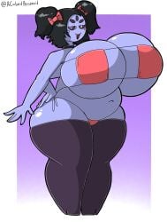 5_eyes acubedpersonoid big_belly big_breasts bikini chubby chubby_female fangs female looking_at_viewer monster_girl muffet ribbon simple_background spider_girl thick_thighs thighhighs undertale undertale_(series) watermark