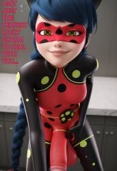 3d bodysuit bulge_through_clothing futa_only futanari ladybug_(character) leaning_forward milk_itai miraculous_ladybug penis_bulge smirk text text_box