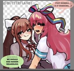 2girls after_kiss butterflan01 doki_doki_literature_club giffany gravity_falls monika_(doki_doki_literature_club) text yuri