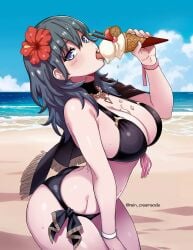 1girls absurdres beach bikini black_bikini blue_eyes byleth_(fire_emblem) byleth_(fire_emblem)_(female) byleth_(summer)_(fire_emblem)_(female) cleavage fire_emblem fire_emblem:_three_houses fire_emblem_heroes flower food food_on_body food_on_breasts hair_flower hair_ornament hibiscus highres ice_cream large_breasts long_hair melting ocean official_alternate_costume outdoors rein_creamsoda sideboob solo swimsuit teal_hair