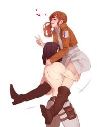 2girls arm_around_neck arm_around_partner arms_around_partner attack_on_titan black_hair blush bonpyro boots brown_hair carrying_partner closed_eyes color hand_on_another's_ass hand_under_clothes heart holding_partner leg_grab lighting long_hair looking_at_partner mikasa_ackerman military_uniform muscular muscular_female partially_clothed ponytail romantic romantic_couple sasha_braus shingeki_no_kyojin skirt smile standing tied_hair topless uniform white_background wholesome yuri