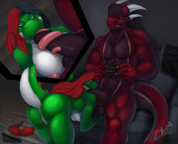 anthro balls big_balls big_penis black_hair blue_eyes breasts clothing desire_yoshi dinosaur dragon duo erection female gaming green_yoshi hair kiba_insugia long_tongue looking_at_viewer male mario_(series) multicolored_hair muscular nintendo nipples nude obaum oral penis red_hair sex tongue tongue_out tonguejob video_games yoshi