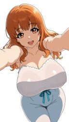 blush breasts cleavage collarbone devil_jone_qrit dress female girls_und_panzer highres large_breasts long_hair looking_at_viewer nipples open_mouth orange_eyes orange_hair see-through_clothes simple_background smile solo takebe_saori transparent_background white_dress