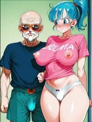 1boy 1girls ai_generated bald_man blood_nose blue_eyes blue_hair blush breasts bulma_briefs cheating cheating_girlfriend clothing dragon_ball dragon_ball_z glasses master_roshi muten_roushi older_man_and_teenage_girl ponytail pulling_clothing through_clothes