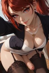 1futa ai_generated arched_back balls cleavage erection foreskin from_above futa_only futanari garter_straps jamesbron large_breasts large_penis legwear long_hair looking_at_viewer necklace no_panties penis ponytail red_eyes red_hair smile solo solo_futa stockings wide_hips