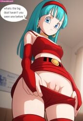 ai_generated blue_hair bra_(dragon_ball) bra_briefs dragon_ball dragon_ball_gt dragon_ball_z flashing_pussy innie_pussy scandalousai text text_bubble upskirt