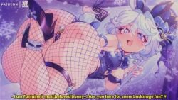 1girls :3 ahoge anal ass blue_eyes blue_nails bluethebone blush breasts bunny_ears bunny_tail bunnysuit buttplug cameltoe cute_fang english_text fake_animal_ears female female_focus female_only fishnet_legwear fishnets furina_(genshin_impact) genshin_impact heterochromia hi_res high_heels leotard light-skinned_female light_skin looking_at_viewer nail_polish open-mouth_smile painted_nails pole_dancing skindentation solo stripper_pole thigh_strap tophat white_hair