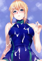 artoria_pendragon blonde blue_eyes cum cum_in_hair cum_on_breasts cum_on_face fate/stay_night fate_(series) saber small_breasts swimsuit tears zucchini