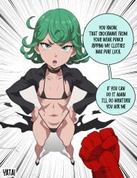 1boy 1girls angry angry_expression angry_face ass big_ass big_thighs bikini blush breasts choker dialogue female green_eyes green_hair male micro_bikini one-punch_man petite petite_body petite_breasts petite_female petite_girl saitama short_hair small_breasts tagme tatsumaki text thick_hips thick_thighs thighs yatagarasu