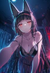 ai_generated black_hair female female_focus fox fox_ears fox_girl hoshimi_miyabi nightgown panties_visible_through_clothing raaicave yandere_eyes zenless_zone_zero