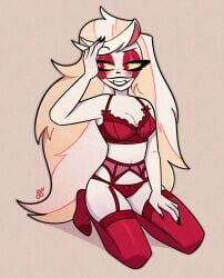 artist_request blush bra bra_and_panties charlie_morningstar_(hazbin_hotel) demon demon_girl hazbin_hotel lingerie panties red_bra red_panties red_stockings smiling source_request stockings