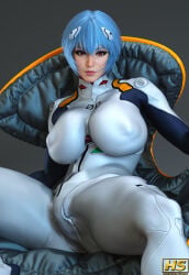 1girls 3d alternate_body_type ass big_breasts blue_hair bodysuit breasts breasts_bigger_than_head chair curvaceous curvy curvy_figure hagiwara_studio hair_ornament hi_res legs_apart looking_at_viewer milkers neon_genesis_evangelion nipple_bulge nipples plugsuit red_eyes rei_ayanami short_hair simple_background sitting skin_tight skin_tight_suit solo solo_focus thick_thighs thighs tight_clothing