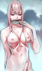 artist_name breasts collarbone darling_in_the_franxx female fish fish_in_mouth hair_between_eyes highres horns long_hair looking_at_viewer navel nipples nude pink_hair revolmxd solo wet zero_two_(darling_in_the_franxx)