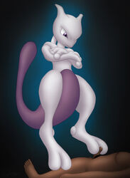 1boy 2_toes 5_toes ambiguous_gender anthro black_background duo faceless_male feet feline floating foot_fetish footjob furry hi_res human human_on_anthro humanoid_feet interspecies legendary_pokémon male male_on_anthro mammal mewtwo nintendo penis poképhilia pokemon pokemon_(species) precum pubic_hair purple_fur reykay simple_background size_difference solo_focus tail text toes video_games