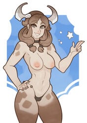 1girls 2018 abs breasts brown_hair cow_girl female female_only heidi_moo horns long_hair original_character solo splashbrush thick_thighs thong topless wide_hips