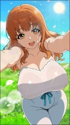 blush breasts cleavage collarbone devil_jone_qrit dress female girls_und_panzer highres large_breasts long_hair looking_at_viewer nipples open_mouth orange_eyes orange_hair outdoors see-through_clothes simple_background sky smile solo takebe_saori white_dress