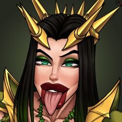 bimbo bimbo_lips black_hair crown emerald_bellung full_lips glowing_eyes large_lips lips long_hair looking_at_viewer necklace raiounsfw tongue tongue_out two_tone_hair