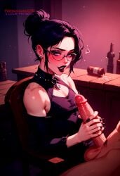 2boys ai_generated black_hair choker ear_piercing earrings faceless_male femboy flat_chest glasses goth gothic handjob ilfb looking_at_viewer masturbation precum purple_eyes trap