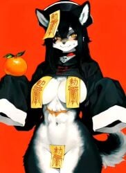 2025 ai_animated ai_animation ai_generated animated anthro bottomless breasts canid canine chinese_clothes chinese_hat covered_nipples covering_crotch dancing female fruit furry hat mammal mostly_nude navel orange seductive shirt skimpy smile standing swernan tagme video