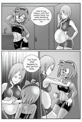 amy_rose bbw belly big_belly black_and_white chubby clothing comic crop_top fat lesbian_sex milf nadiaavansis naruto navel page_1 pink_hair plump pregnant pudgy_belly sakura_haruno sexual_competition sonic_(series) yuri