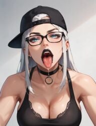 1girls ai ai_generated allouette_(subboy01) backwards_hat black_lipstick blue cleavage eyes, glasses hat lipstick looking_at_viewer open_mouth original original_character saliva saliva_drip solo subboy01 tank_top tongue tongue_out white_hair