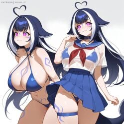 ai_generated bare_thighs bikini blue_hair bra_visible_through_clothes gigantic_breasts huge_breasts huge_thighs light-skinned_female light_skin long_hair looking_at_viewer massive_breasts nanam_kakama pink_eyes sailor_uniform shylily smiling solo_female squatting sweat sweatdrop thick_body thick_female thick_thighs thighs twitch voluptuous voluptuous_female whale_girl whale_tail