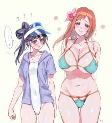 arms_behind_back ass_visible_through_thighs bare_belly bare_legs bare_thighs belly_button bikini black_hair bleach blue_eyes blush breast_envy breasts brown_eyes cleavage closed_mouth collarbone flower_in_hair groin hat huge_breasts inoue_orihime kuchiki_rukia long_hair okihana one-piece_swimsuit orange_hair parted_lips shiny_skin short_sleeves sideboob small_breasts smile swimsuit swimsuit_under_clothes thighs underboob