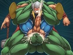 2boys abs anal avengers bara big_balls big_penis blonde_hair cum cum_inside cumshot ejaculation_while_penetrated erect_while_penetrated gay green-skinned_male green_skin hammer hotcha hulk hulk_(series) human light-skinned_male light_skin male male_only male_penetrated marvel mjolnir muscular pecs sex size_difference thor_(marvel) thor_(series) weapon winged_helmet yaoi