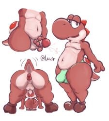 anthro anus ass belly between_legs big_butt boots bulge clothing derpy ejaculation femboy footwear genitals humanoid lavir linking_lip looking_at_viewer male mario_(series) mario_bros masturbation navel nintendo penis presenting presenting_hindquarters puffy_anus red_yoshi shoes solo stare super_mario_bros. yoshi