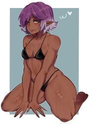 belly belly_button bikini dark_skin dark_skinned_female julie_lunavt looking_at_viewer nasya__ns on_knees pixie_cut purple_hair small_breasts tongue_out vtuber