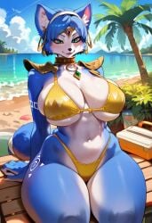 1girls 2d ai_generated animal_ears anthro beach big_breasts bikini blue_eyes blue_fur blue_hair canine female female_focus female_only fox_ears fox_girl fur furry furry_female krystal krystal_(star_fox) nintendo outdoors smile solo solo_female solo_focus star_fox tagme