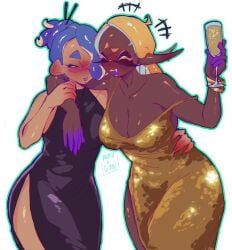 2girls artist_name big_breasts black_dress blue_hair blush bonbondecitron breasts cleavage closed_eyes dress dress_strap_down dress_straps earrings frye_(frostyfest_2025) frye_(splatoon) gold_dress hoop_earrings inkling inkling_girl large_breasts nintendo octoling octoling_girl open_mouth pointy_ears shiver_(frostyfest_2025) shiver_(splatoon) simple_background slit_dress splatfest splatoon splatoon_3 tentacle_hair thick_thighs thighs white_background yellow_hair