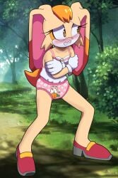 blush embarrassed euf-dreamer forest furry furry_female gloves high_heels natural_breasts panties rabbit rabbit_ears rabbit_humanoid sonic_(series) sonic_the_hedgehog_(series) teeth topwear vanilla_the_rabbit