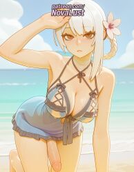 1futa 2026 ai_generated artist_name beach blue_sky braid breasts brown_eyes bust chest cleavage cloud cloudy_sky cock day dick erection flower futanari hair_flower hair_ornament hi_res high_quality high_resolution highres horizon kaine_(nier) nier nier:_automata nier_(series) novalust ocean outdoors patreon patreon_username penis sky solo stable_diffusion testicles uncensored veins watermark white_hair