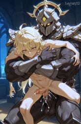 aether_(genshin_impact) ai_generated anthro_penetrating blonde_hair carrying carrying_partner cum cum_in_ass cum_inside gay gay_domination gay_sex genshin_impact glowing_eyes hugging_from_behind knight legnarti muscular muscular_anthro praetorian_golem praetorian_golem_(genshin_impact) rough_sex sex_from_behind size_difference squeezing yaoi yellow_eyes