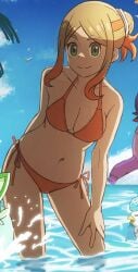 1female 1girls 2d 2d_(artwork) 2d_artwork anime anime_girl anime_nose anime_style animedrawing animegirl animemangagirl animestyle bare_arms bare_legs bare_midriff bare_shoulders bare_thighs beach beach_background belly_button big_breasts big_breasts bikini bikini_bottom bikini_top brown_hair clear_sky cleavage eyelashes female_only girl_only green_eyes hair_bun hair_ornament inner_sideboob long_hair midriff navel only_females only_girl orange_bikini orange_bikini_bottom orange_bikini_top orange_highlights orla_(pokemon) pokemon pokemon_(anime) pokemon_horizons silver_hair_ornament tan_skin tan_skinned_female thick_thighs tied_hair