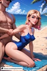 1boy abs ai_generated beach beach_towel blonde_hair blue_eyes blue_sky blue_swimsuit breasts clothed_sex cloud day female gwen_stacy horizon island lips marvel marvel_comics medium_breasts muscular naughtygirlsai nude ocean one-piece_swimsuit outdoors palm_tree sand seagull sex sex_from_behind shade shore short_hair skinny sky smile starfish straight swimsuit tan tanlines tree water waves wet