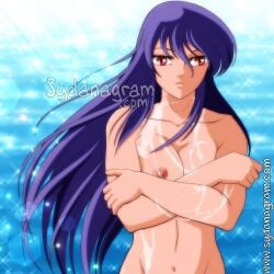 1girls 2d closed_mouth cum cum_drip cum_on_body cum_on_breasts cumshot eris_(saint_seiya) goddess hands_on_breasts long_hair naked naked_female nude pale-skinned_female pale_skin purple_hair red_eyes saint_seiya saint_seiya_saintia_sho seaside solo sydanagram