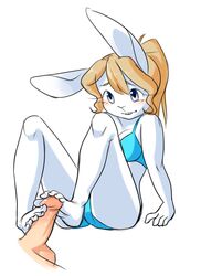 5_toes anthro balls blonde_hair blue_eyes blush bra buckteeth bun_(artist) bun_(character) bunnyblueart clothing disembodied_penis duo feet female female_focus foot_fetish footjob hair humanoid_feet humanoid_penis lagomorph male mammal panties penis rabbit sex sex_with_bra_on simple_background straight teeth toes underwear white_background