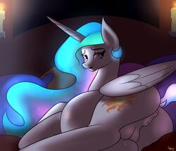 2014 absurd_res alicorn animal_genitalia animal_pussy anus bed bedroom bedroom_eyes belly big_belly big_crotchboobs burning_candles candles clitoris crotchboobs cutie_mark dock equine equine_pussy feathered_wings feathers female feral friendship_is_magic fur hair half-closed_eyes hi_res horn inside lactation long_hair looking_at_viewer looking_back lying mammal multicolored_hair my_little_pony nipples open_mouth patch_(artist) pregnant presenting princess_celestia_(mlp) purple_eyes pussy raised_tail rear_view seductive smile solo white_candles white_feathers white_fur wings