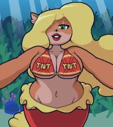 bandicoot big_breasts blonde_hair bubble bubbles crash_(series) crash_(series) green_eyes happy holding_viewer looking_at_viewer mermaid okami_tomato pov red_bikini red_lipstick tawna_bandicoot underwater