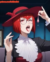 1girls ai_generated angelina_durless artifical_art black_butler condom cum cum_in_condom cum_in_mouth glasses incest kuroshitsuji lipstick nail_polish open_mouth opened_mouth red_eyes red_hair red_lipstick red_nail_polish slender_body tongue_out