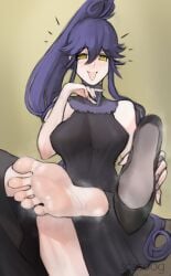 big_breasts black_dress blush blush_lines blushing dress feet foot_fetish foot_focus heels long_hair original original_character purple_hair scas sweat tongue tongue_out yellow_eyes