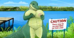 alligator alligatorid anthro bedroom_eyes big_breasts breasts chubby crocodilian detailed_background doctordj english_text female half-closed_eyes hand_on_breast hi_res lake looking_at_viewer nude olivia_(doctordj) overweight overweight_female pussy reptile scalie seductive sharp_teeth smile solo teeth text tree water